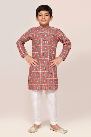Petite Pomme Red Printed Kurta & White Pant Set 