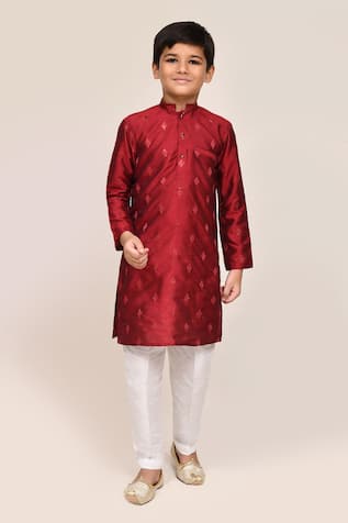 Petite Pomme Maroon Silk Kurta & White Pant Set 