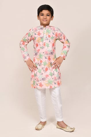 Petite Pomme Printed Peach Kurta & White Pant Set 