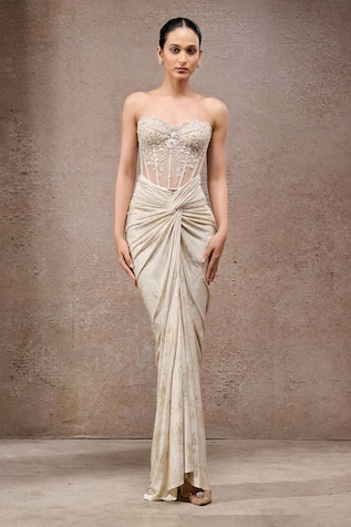 Tarun Tahiliani Ivory Corset & Foil Jersey Skirt Set 