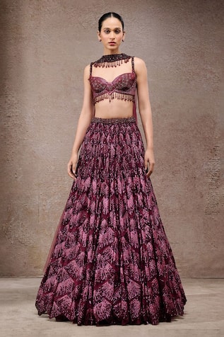 Tarun Tahiliani Plum Tulle Net Lehenga Set 