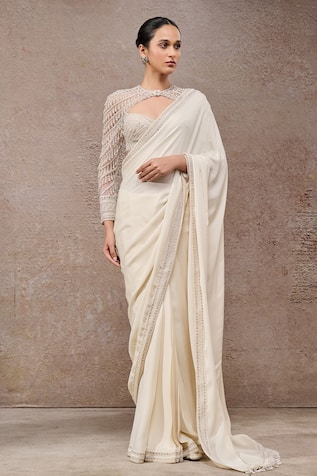 Tarun Tahiliani Ivory Designer Saree With Unstitched Blouse Piece 