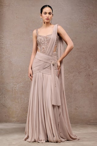 Tarun Tahiliani Champagne Beige Concept Saree & Bodysuit Set 