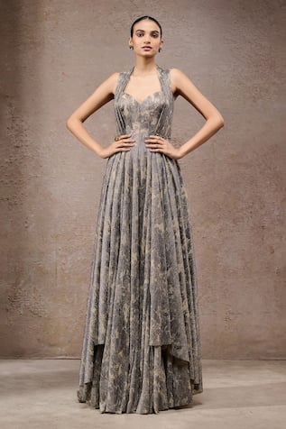 Tarun Tahiliani Beige-Grey Crinkle Net Designer Gown 