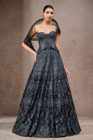 Tarun Tahiliani Black-Multi Tulle Net Lehenga Set 
