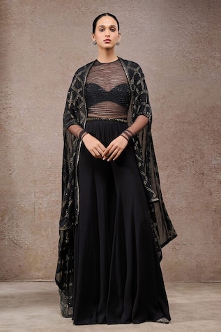 Tarun Tahiliani Designer Black Cape & Trouser Set 