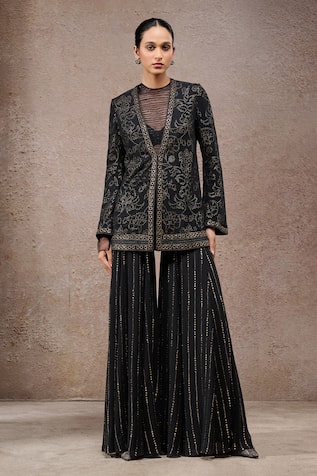 Tarun Tahiliani Black Mukaish Fabric Jacket & Sharara Set 