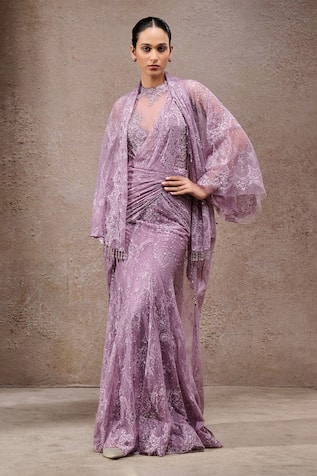 Tarun Tahiliani Lavender Lace Designer Saree Set 