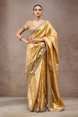 Tarun Tahiliani Gold Brocade Saree With Unstitched Blouse Piece 
