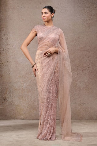 Tarun Tahiliani Blush Pink Designer Saree & Unstitched Blouse Piece Set 