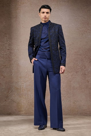 Tarun Tahiliani Navy Designer Bandhgala Trouser Set 