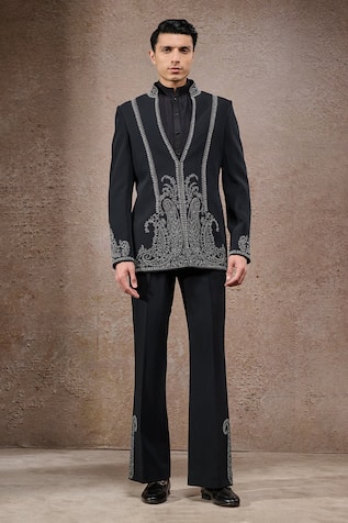 Tarun Tahiliani Black Designer Bandgala Trouser Set 