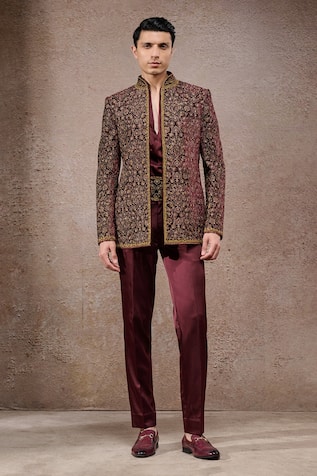 Tarun Tahiliani Wine Silk Velvet Designer Bandgala Set 