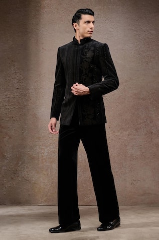 Tarun Tahiliani Designer Black Bandgala Suit Set 