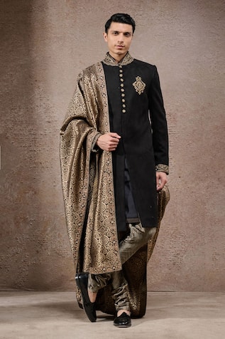 Tarun Tahiliani Black Silk Velvet Designer Sherwani Set 