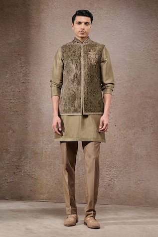 Tarun Tahiliani Olive Green Nehru Jacket Kurta Set 