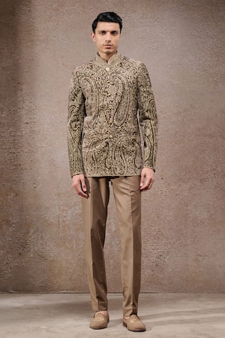 Tarun Tahiliani Olive Green Designer Bandgala Suit Set 