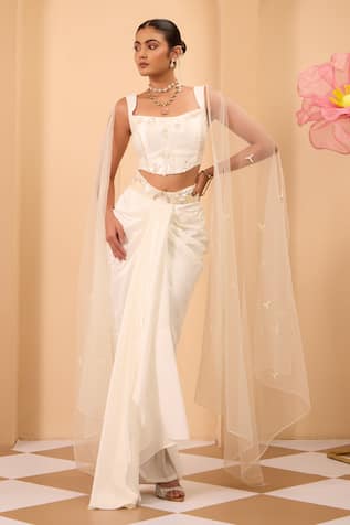 One Knot One By Ashna Ivory Shimmer Silk Corset & Drape Skirt Set 