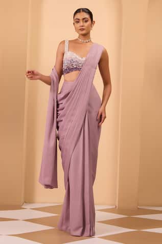 One Knot One By Ashna Purple Foil Geogette Pre-Draped Saree Set 