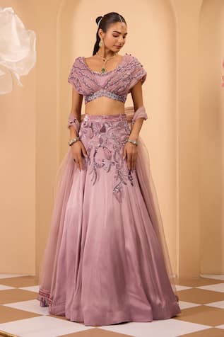 One Knot One By Ashna Purple Embroidered Lehenga Set 