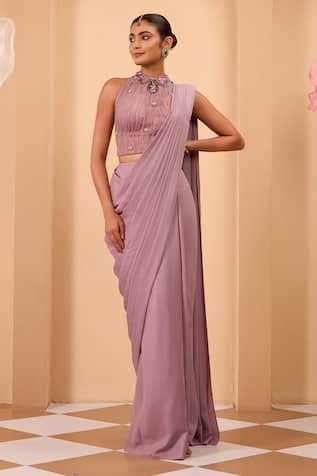 One Knot One By Ashna Purple Foil Georgette Pre-Draped Saree Set 