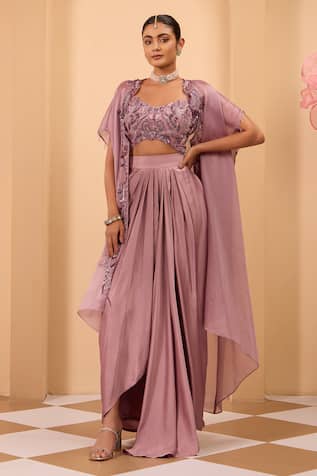 One Knot One By Ashna Purple Embroidered Cape & Drape Skirt Set 