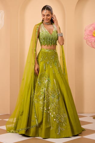 One Knot One By Ashna Embroidered Green Lehenga Set 