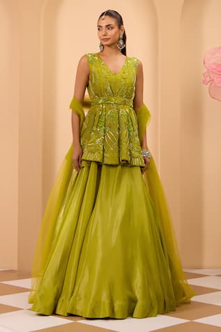 One Knot One By Ashna Green Embroidered Peplum Kurta Lehenga Set 
