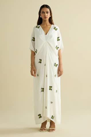 Meesa Embroidered White Crepe Kaftan 