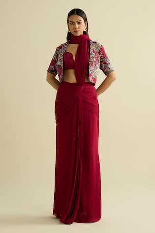 Meesa Embroidered Maroon Crepe Jacket 