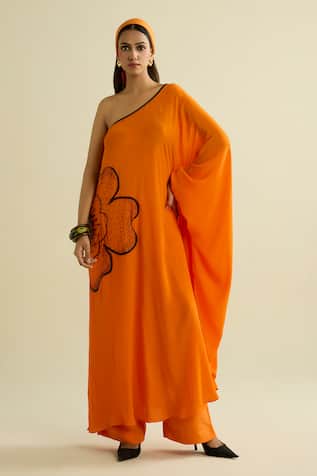 Meesa Orange Crepe Tunic & Pant Set 
