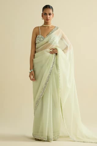 Meesa Embellished Sage Green Organza Saree Set 