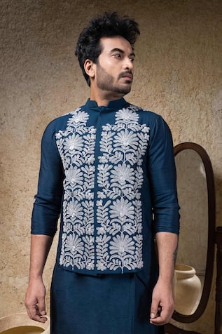 Priyanka Haralalka Navy Blue Machine Embroidered Nehru Jacket 