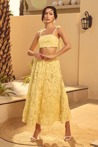 House Of Eda Yellow Embroidered Co-ord Set 