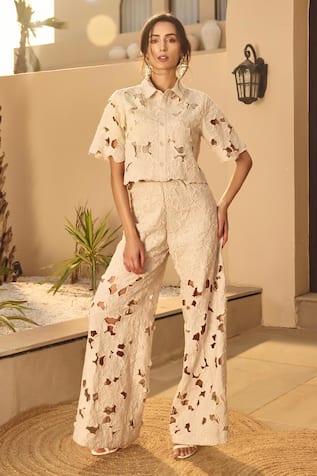 House Of Eda Beige Embroidered Cropped Co-ord Set 