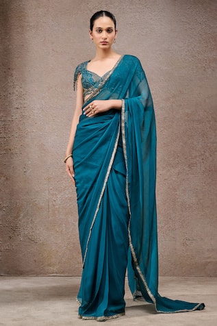 Tarun Tahiliani Teal Green Designer Saree & Blouse Set 
