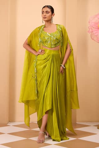 One Knot One By Ashna Embroidered Green Drape Skirt & Cape Set 