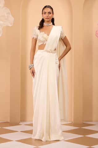 One Knot One By Ashna Ivory Organza Blouse & Drape Saree Set 