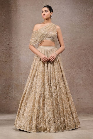 Tarun Tahiliani Gold Tulle Net Embroidered Lehenga Set 