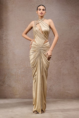 Tarun Tahiliani Gold Foil Jersey Cutout Bodysuit & Skirt Set 