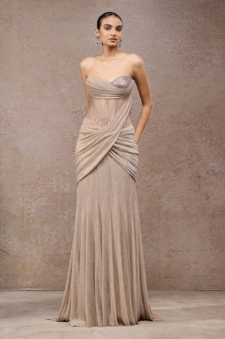 Tarun Tahiliani Champagne Beige Crinkle Net Gown 