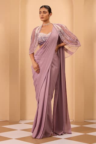 One Knot One By Ashna Purple Pre-Draped Saree Set With Cape 