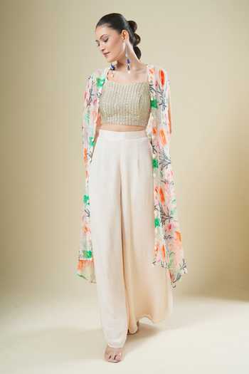 Samyukta Singhania Embroidered Off White Cape & Palazzo Set 
