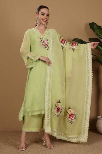 Sonali Methi Hand Embroidered Lime Chanderi Kurta Set 