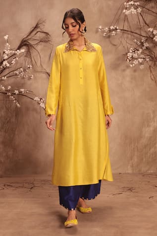 Label Niti Bothra Yellow Chiniya Silk Kurta Set 