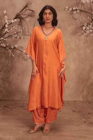 Label Niti Bothra Embroidered Orange Kaftan & Pant Set 