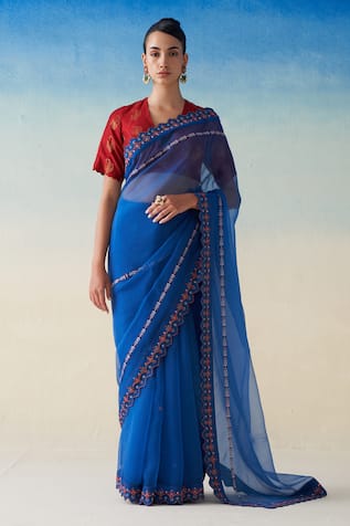 Janki India Midnight Blue Hand Embroidered Saree Set 