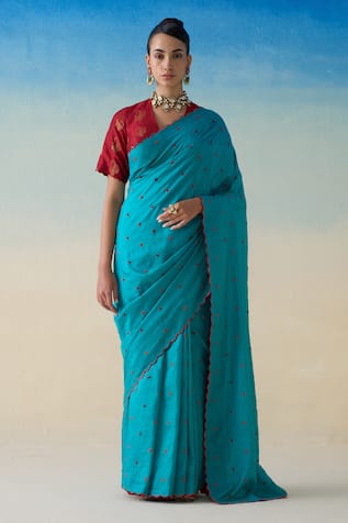 Janki India Turquoise Hand Embroidered Saree Set 