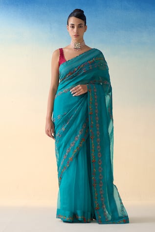 Janki India Turquoise Hand Embroidered Saree 