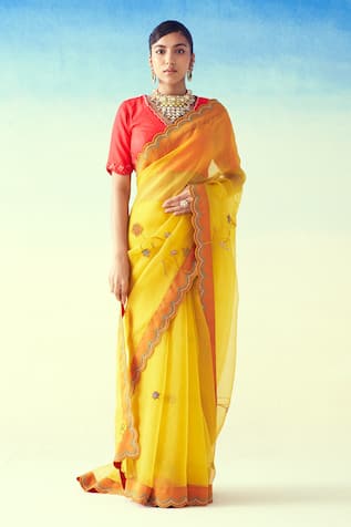Janki India Yellow Hand Embroidered Saree 